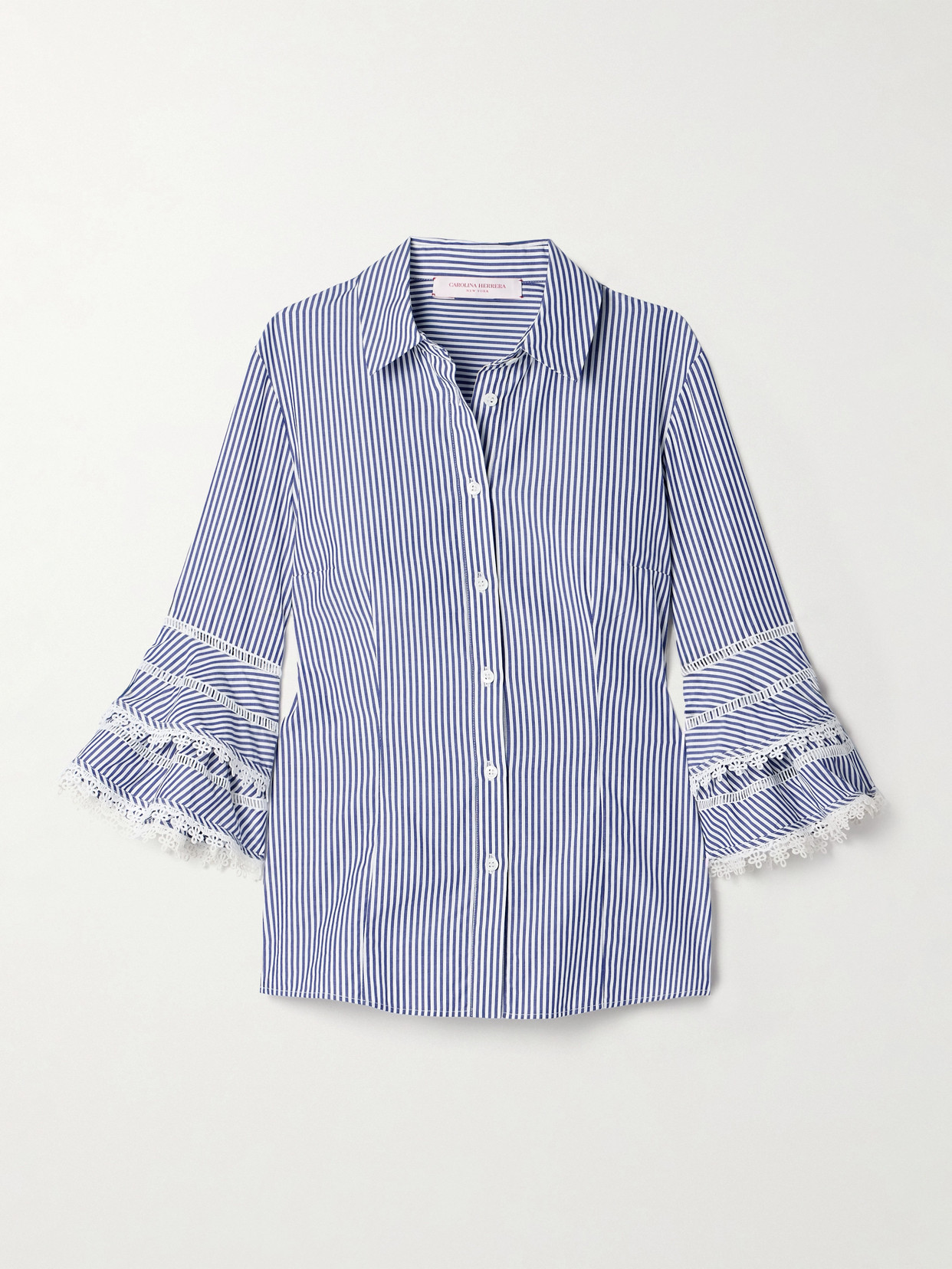 Carolina Herrera Ruffled Guipure Lace-trimmed Striped Cotton-poplin Shirt In Blue