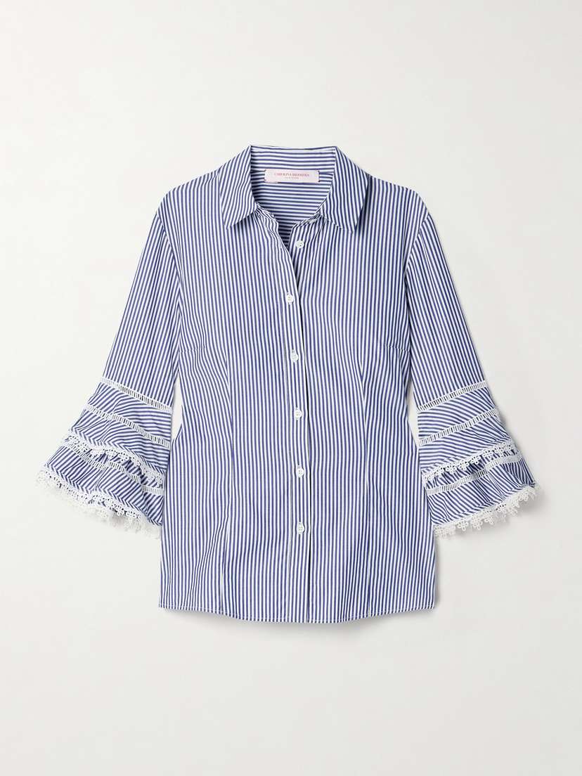 Carolina Herrera Ruffled Guipure Lace-trimmed Striped Cotton-poplin Shirt