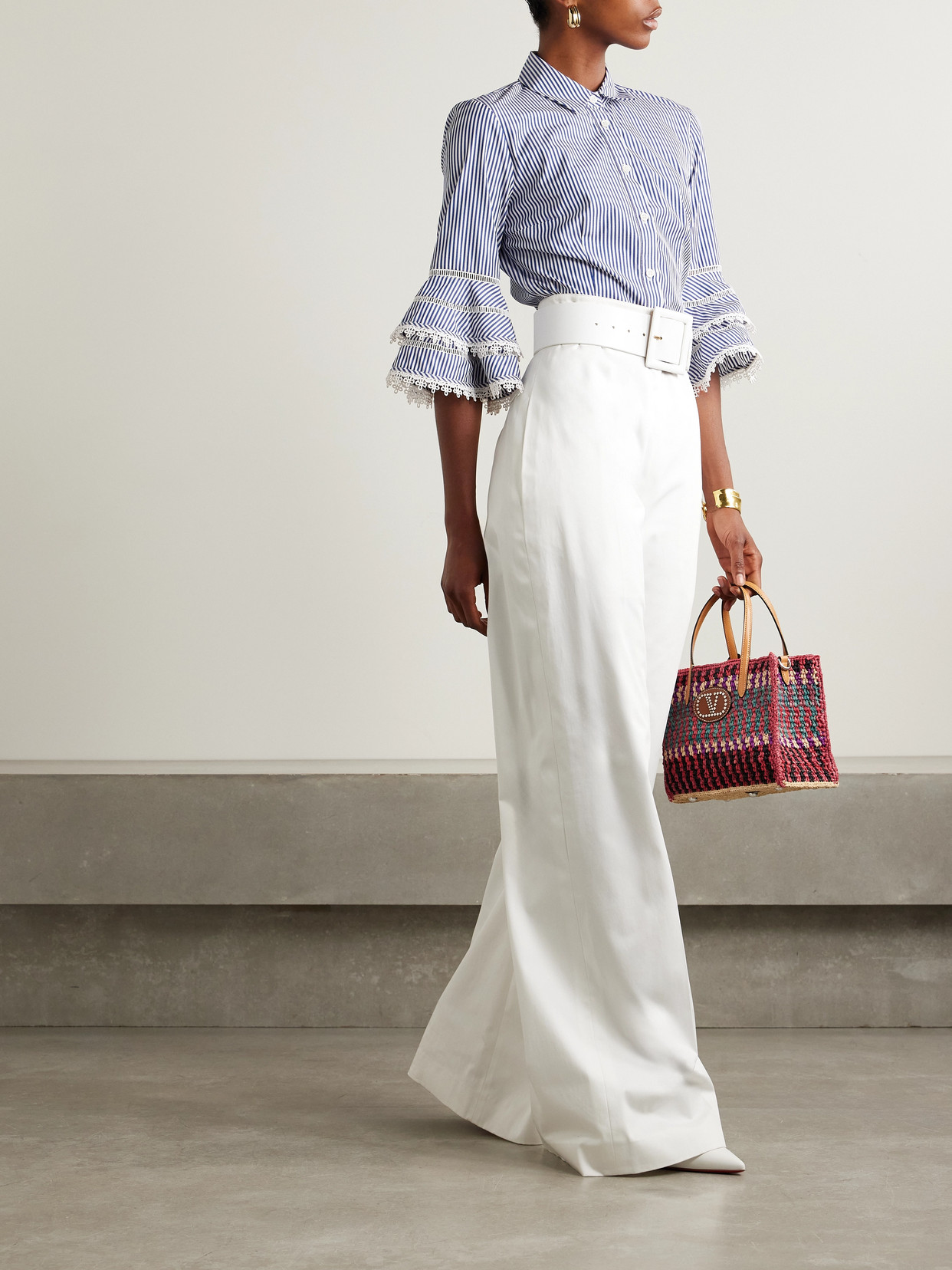 Carolina Herrera Ruffled Guipure Lace-trimmed Striped Cotton-poplin Shirt In Blue