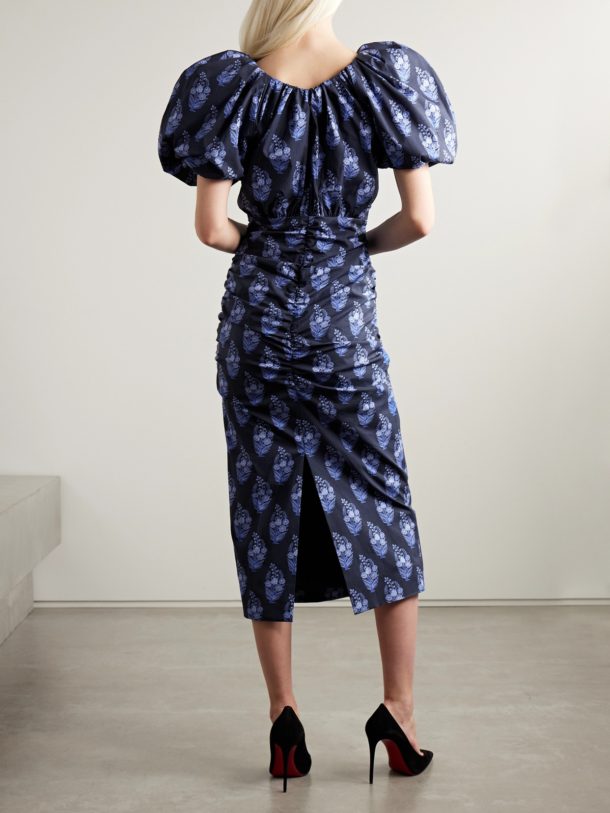 Carolina Herrera Gathered Floral-print Cotton-blend Poplin Midi Dress