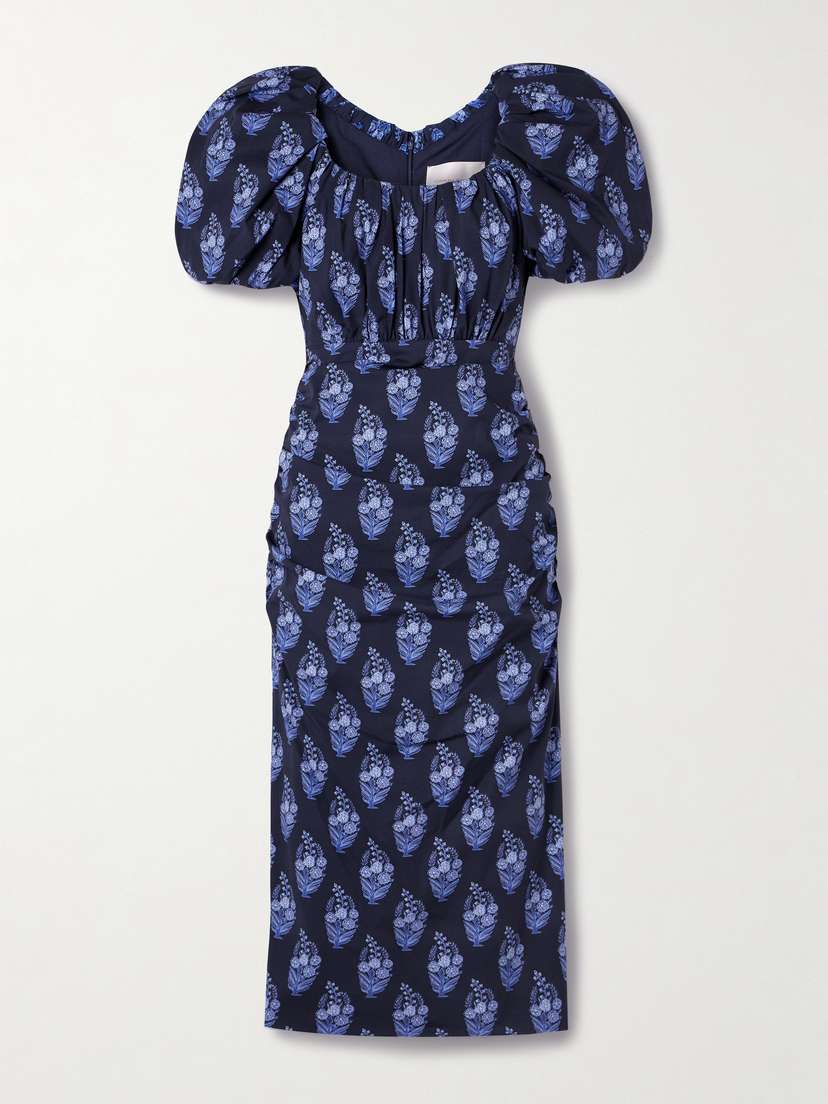 Carolina Herrera Gathered Floral-print Cotton-blend Poplin Midi Dress