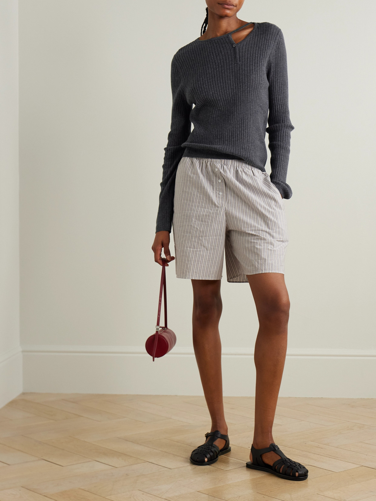 Asymmetric Cutout Ribbed Cotton And Cashmere-Sweater
