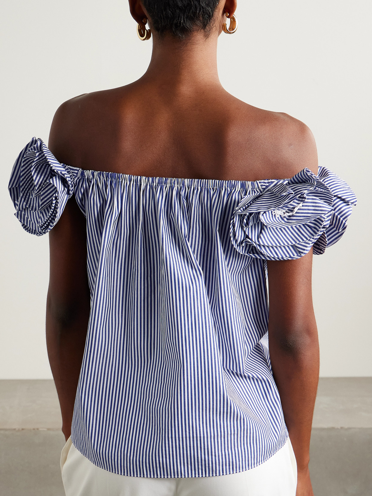 Carolina Herrera Ruffled Off-the-shoulder Striped Cotton-poplin Top In Blue