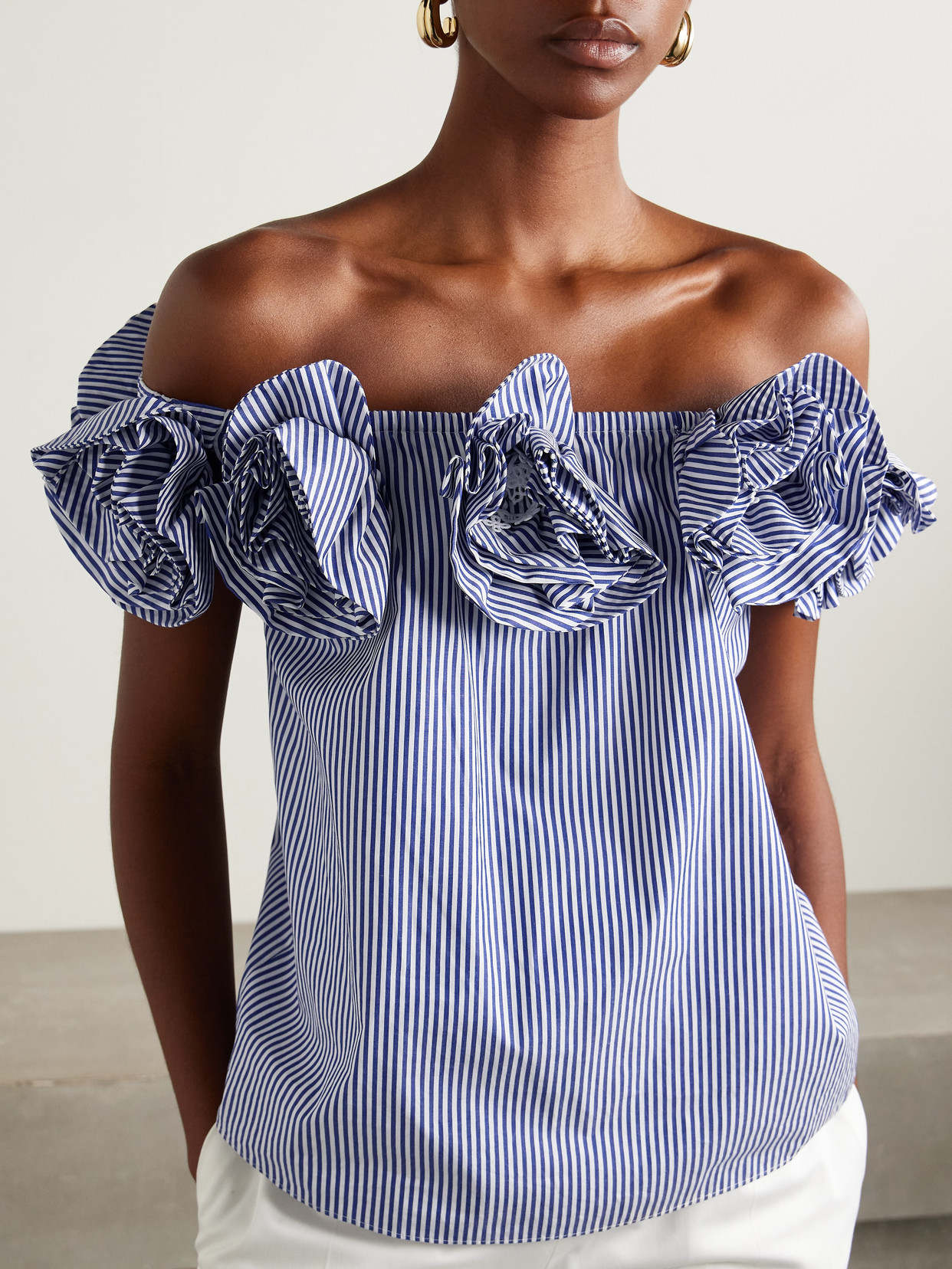 Carolina Herrera Ruffled Off-the-shoulder Striped Cotton-poplin Top In Blue