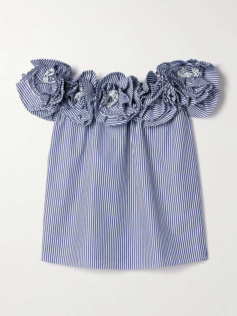 Carolina Herrera Ruffled Off-the-shoulder Striped Cotton-poplin Top