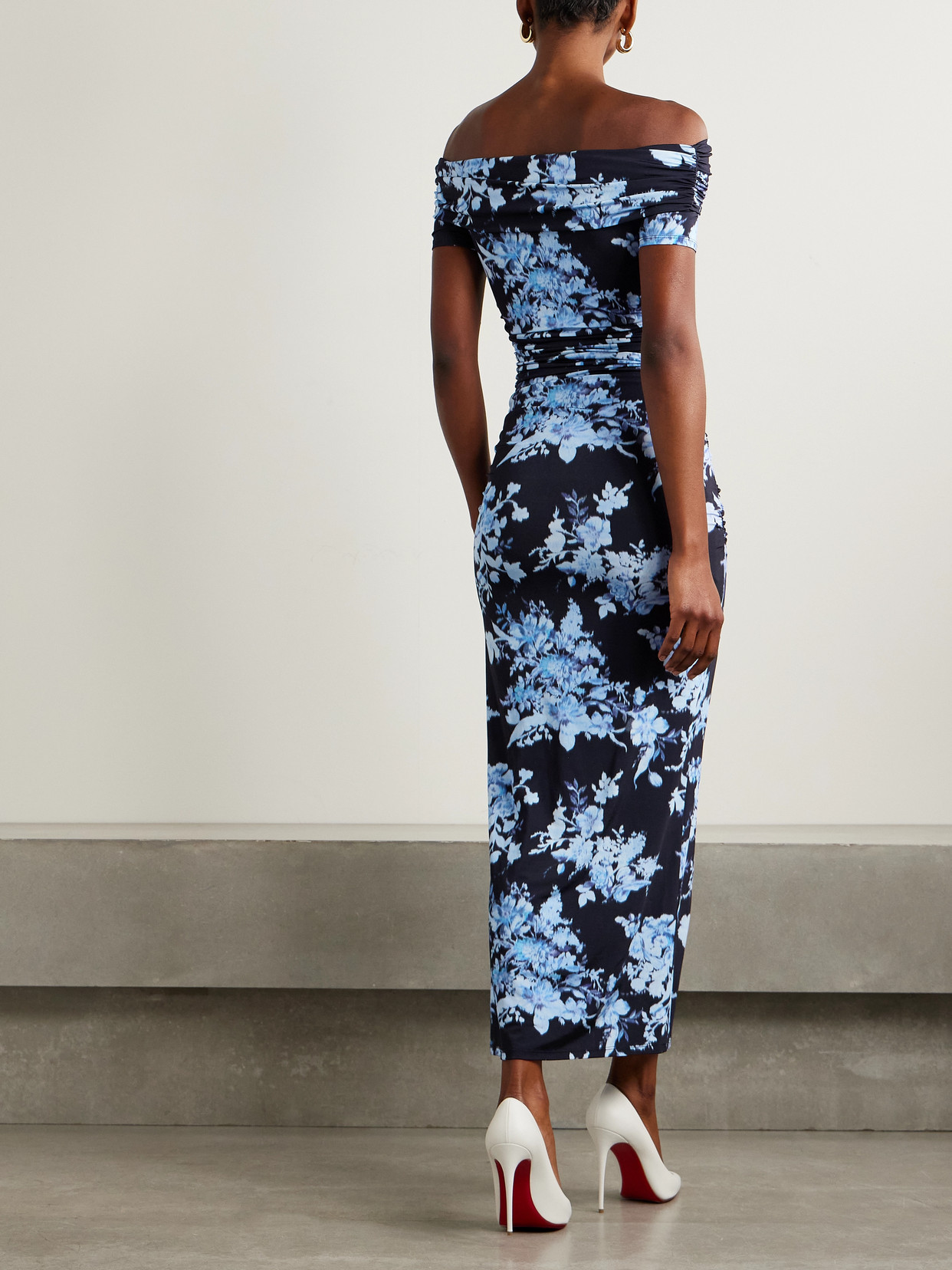 Carolina Herrera Off-the-shoulder Ruched Floral-print Stretch-jersey Midi Dress