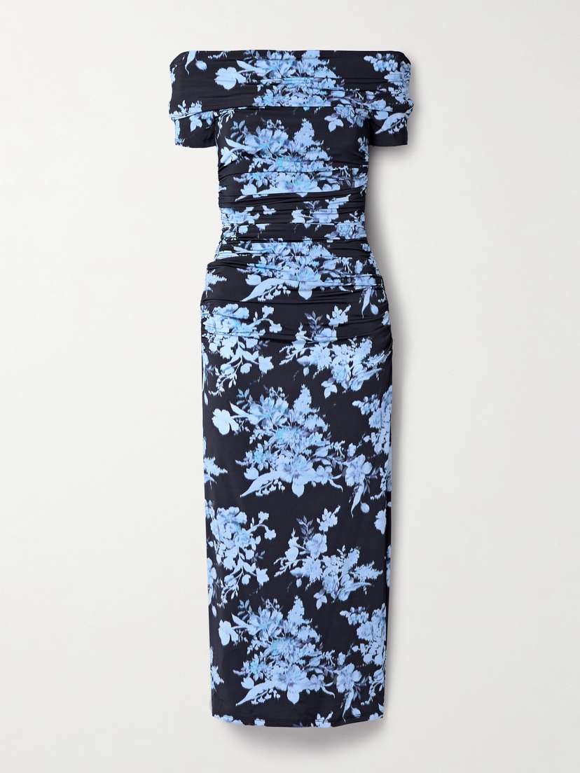 Carolina Herrera Off-the-shoulder Ruched Floral-print Stretch-jersey Midi Dress