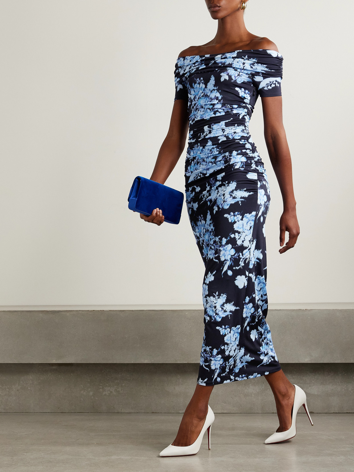 Carolina Herrera Off-the-shoulder Ruched Floral-print Stretch-jersey Midi Dress