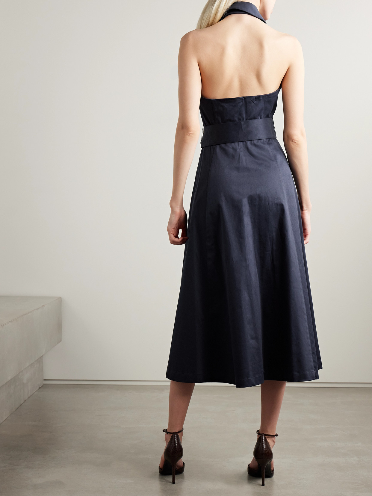 Carolina Herrera Belted Cotton-blend Sateen Halterneck Midi Shirt Dress