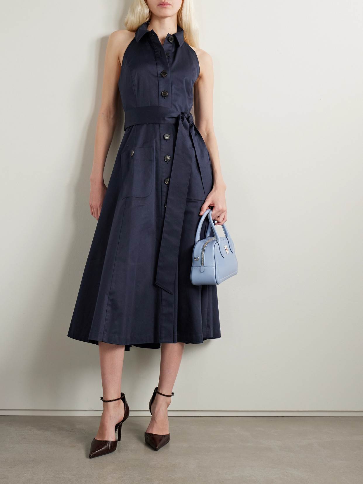 Carolina Herrera Belted Cotton-blend Sateen Halterneck Midi Shirt Dress