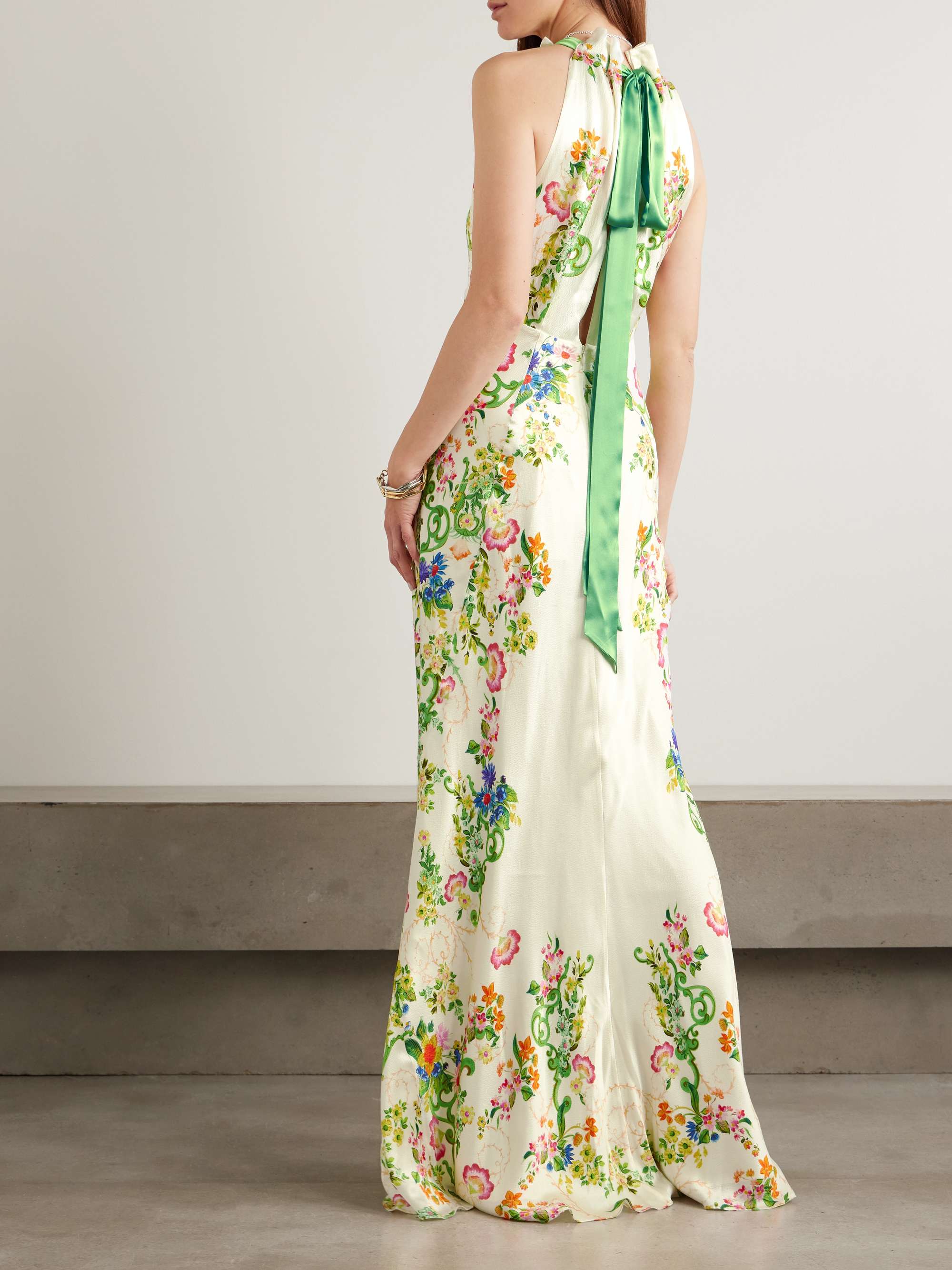 SALONI Robe longue à encolure américaine en satin jacquard à imprimé fleuri Michelle