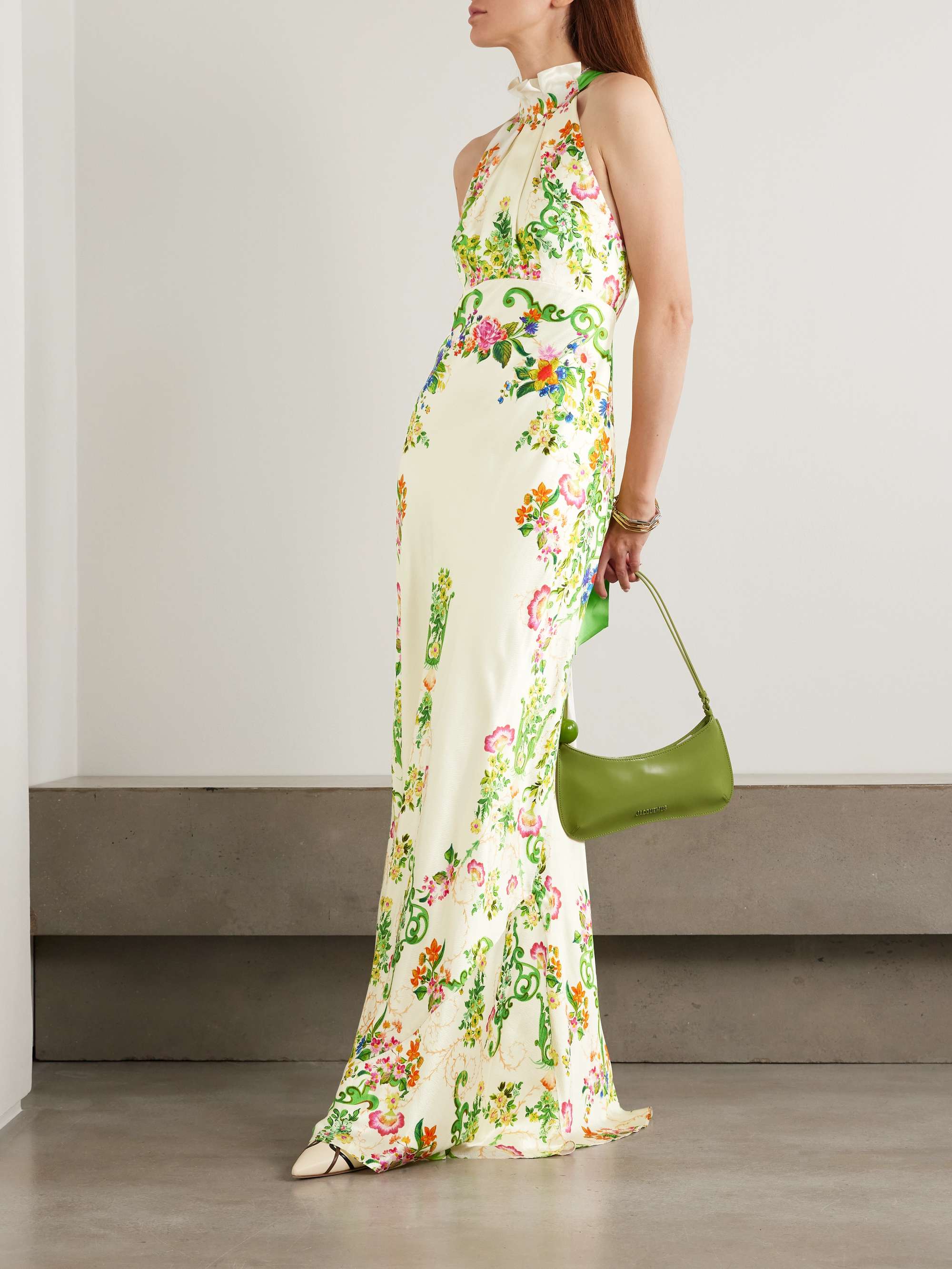 SALONI Robe longue à encolure américaine en satin jacquard à imprimé fleuri Michelle