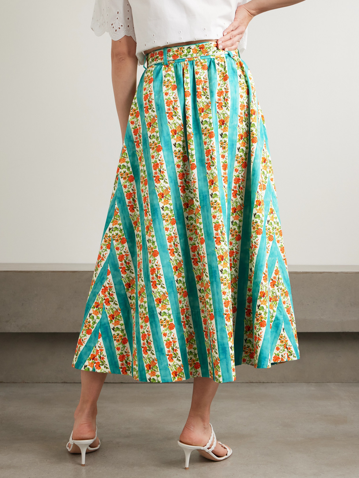 Kirat Belted Striped Floral-Print Cotton-Poplin Midi