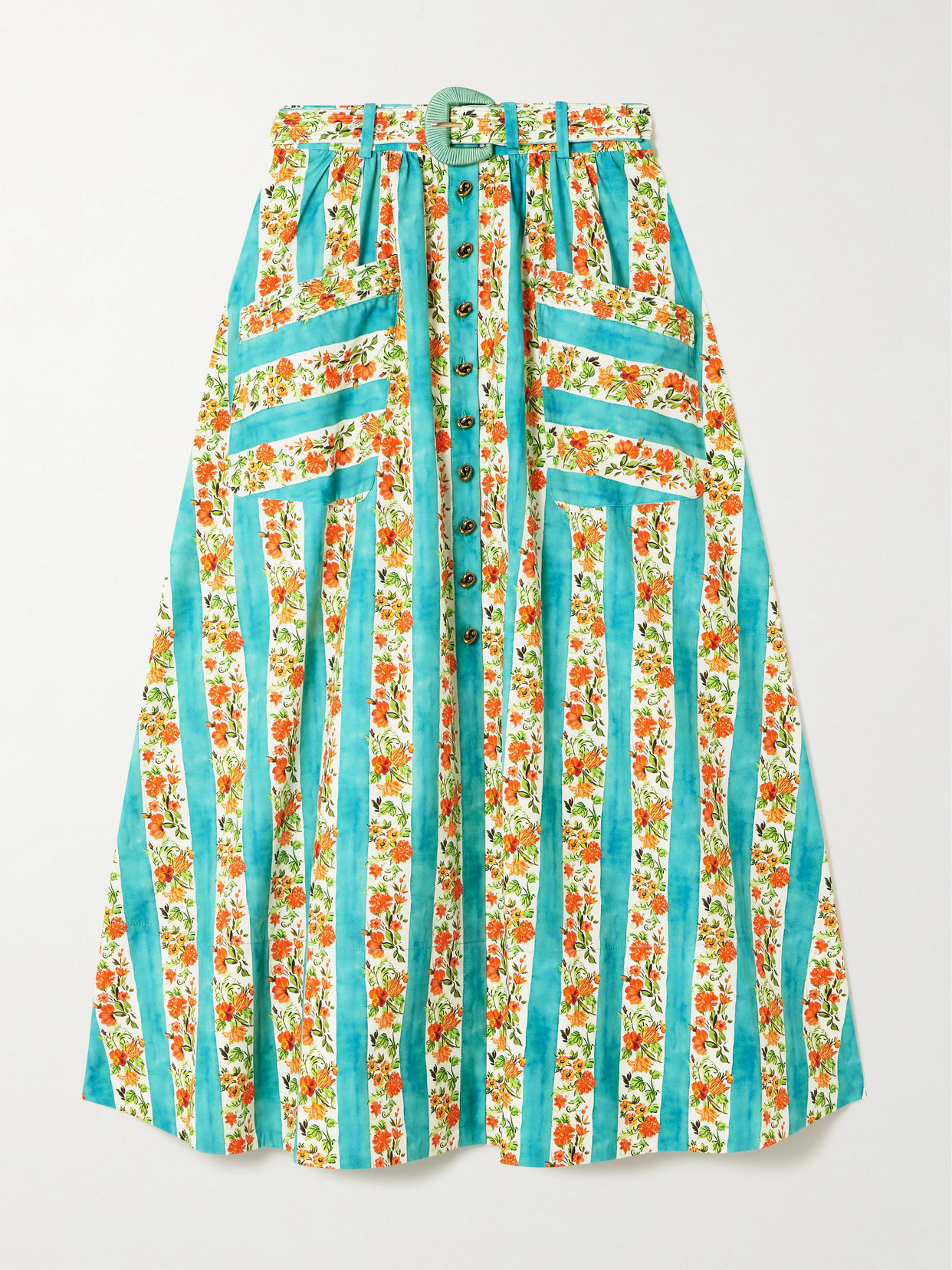 Saloni Kirat Belted Striped Floral-print Cotton-poplin Midi Skirt