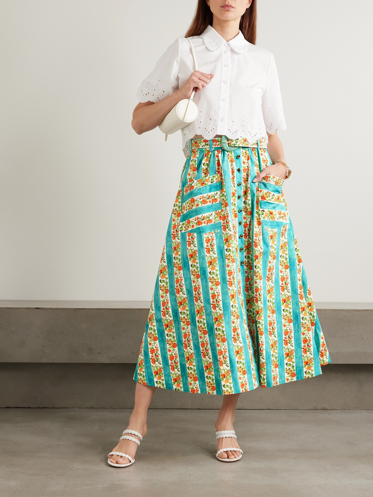 Kirat Belted Striped Floral-Print Cotton-Poplin Midi
