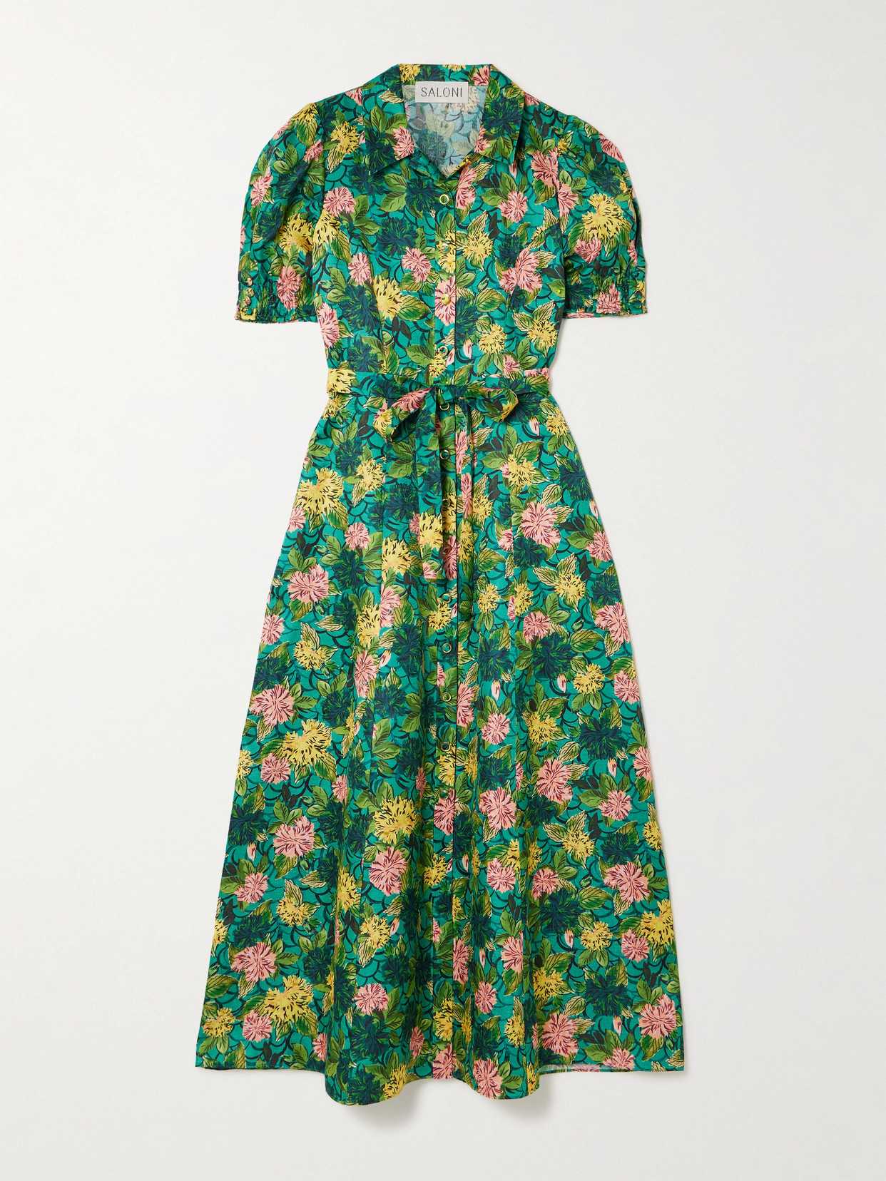 Saloni Vanessa D Belted Printed Silk Midi Shirt Dress In Green