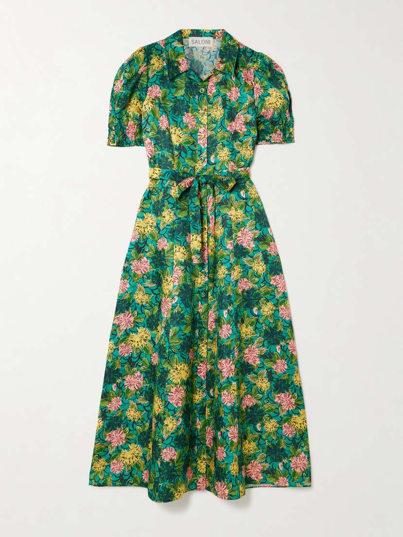 Saloni Vanessa D Belted Printed Silk Midi Shirt Dress