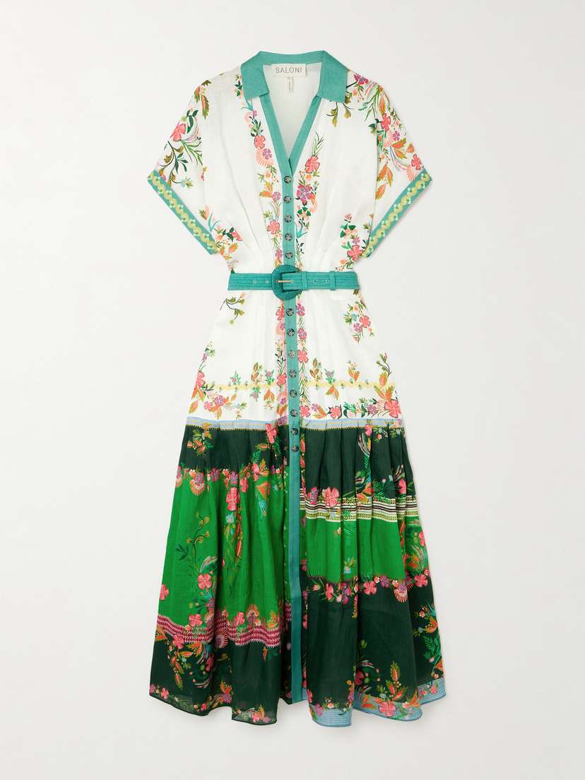 Saloni Riya Belted Pleated Floral-print Linen-voile Dress