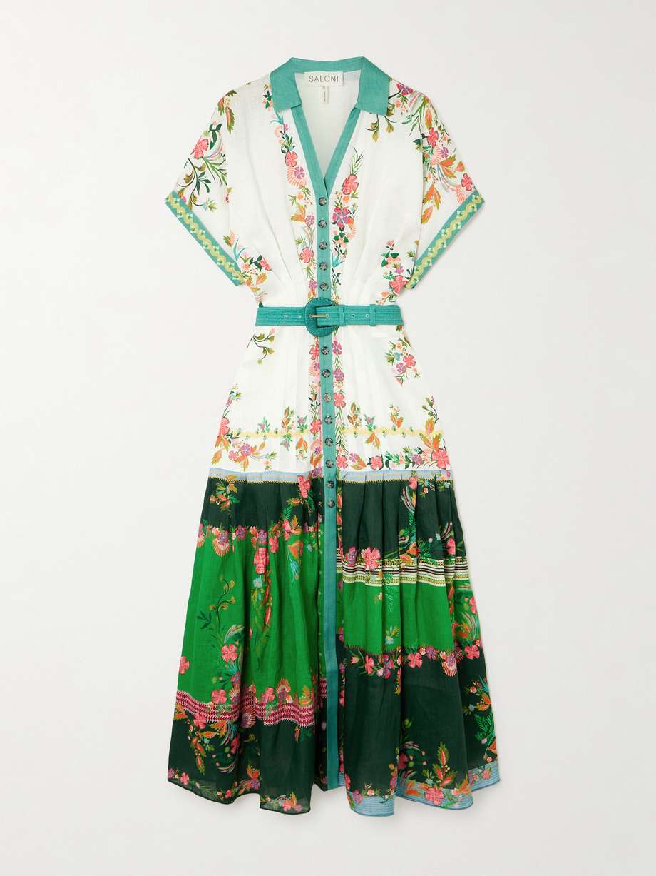 riya belted pleated floral-print linen-voile dress