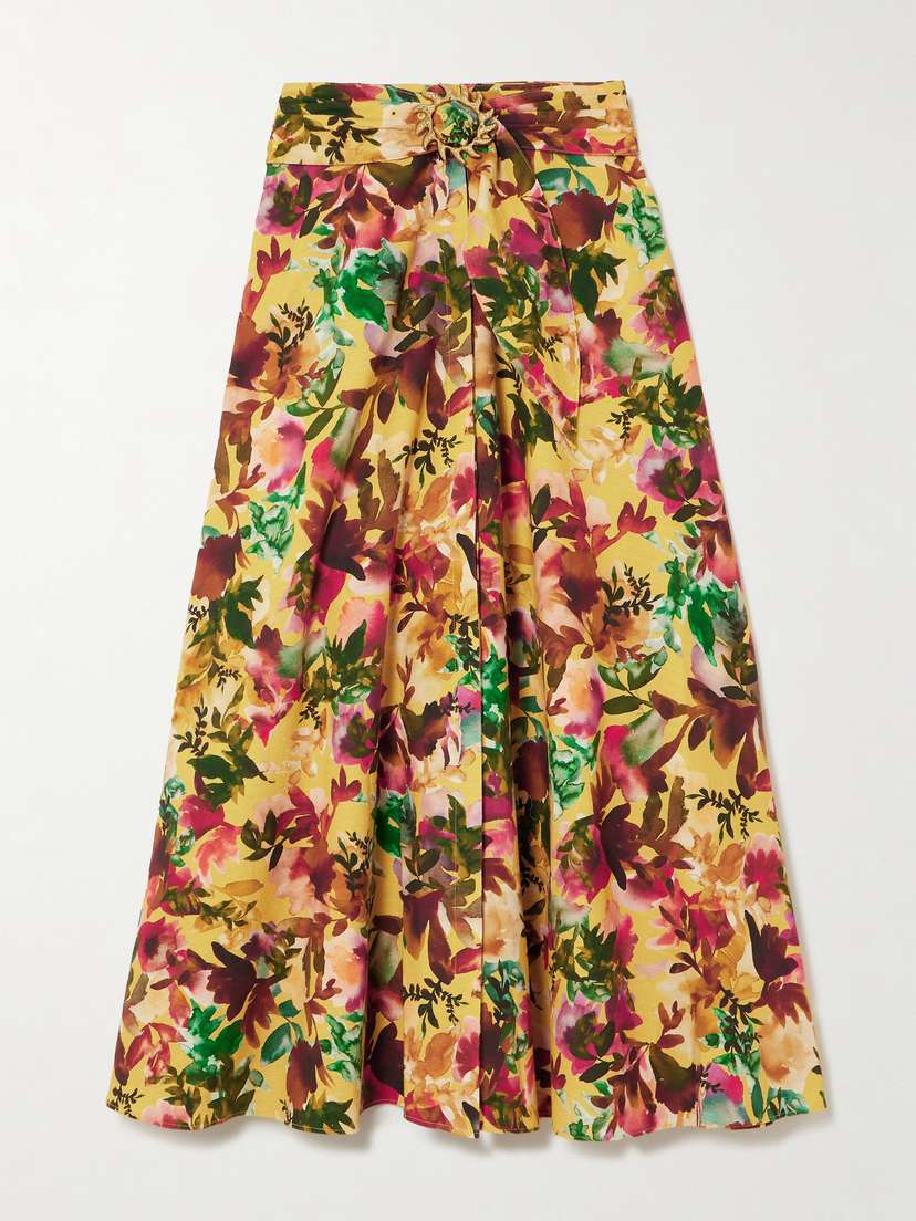 Saloni Neesha Belted Floral-print Cotton Midi Skirt