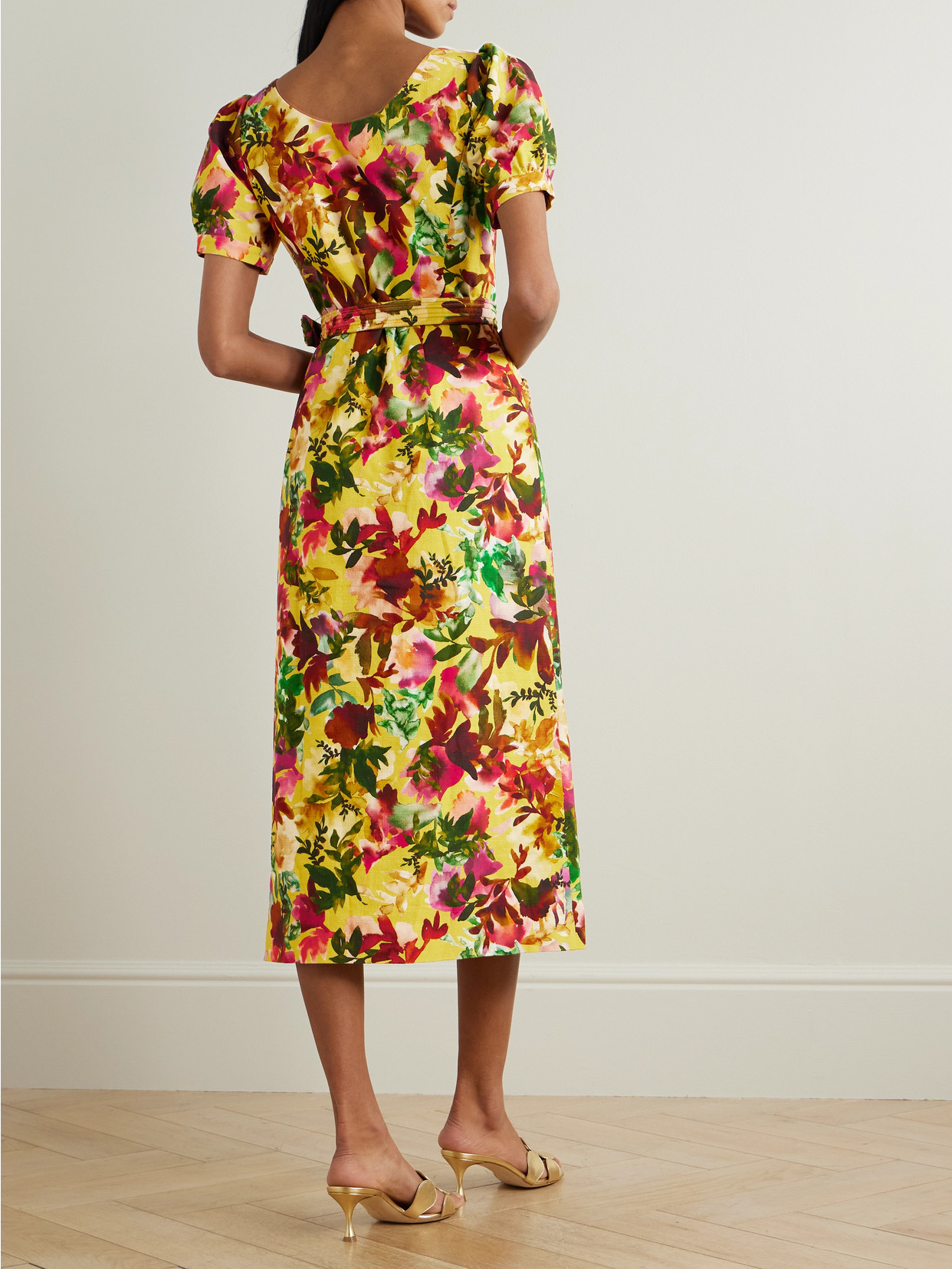 SALONI BLANCA BELTED EMBELLISHED FLORAL-PRINT COTTON-DUPIONI MIDI DRESS