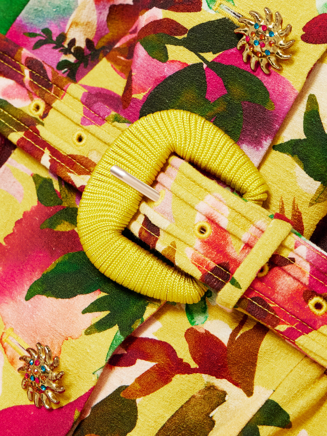 SALONI BLANCA BELTED EMBELLISHED FLORAL-PRINT COTTON-DUPIONI MIDI DRESS