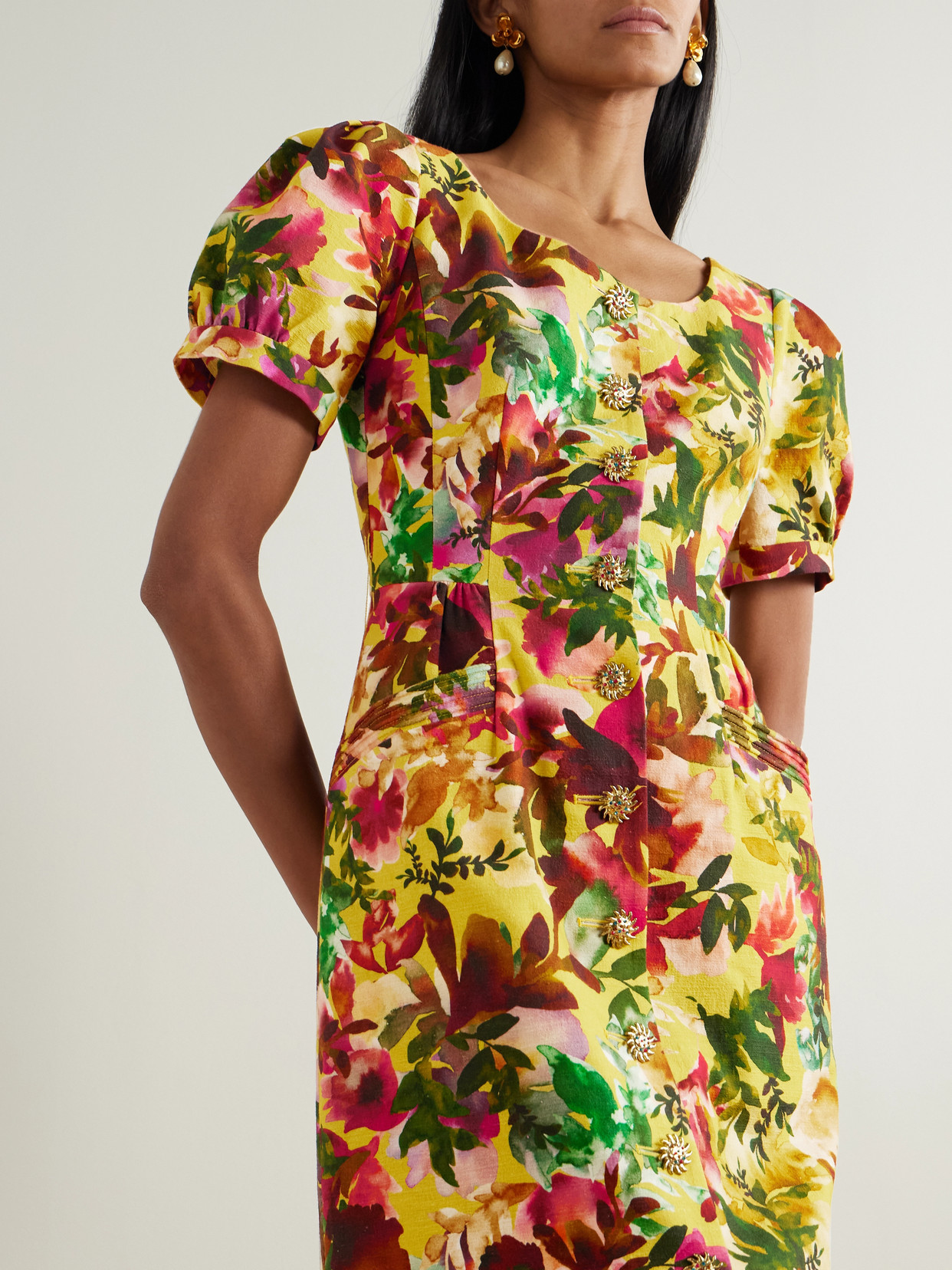 SALONI BLANCA BELTED EMBELLISHED FLORAL-PRINT COTTON-DUPIONI MIDI DRESS