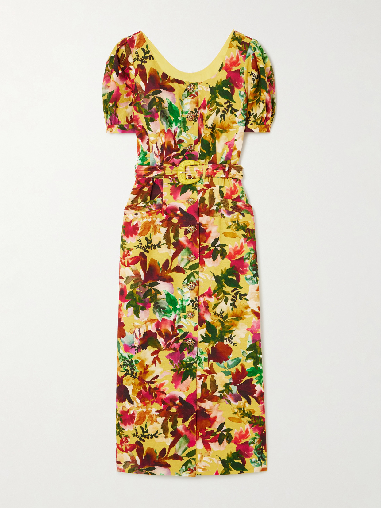 Saloni Blanca Belted Embellished Floral-print Cotton-dupioni Midi Dress In Yellow