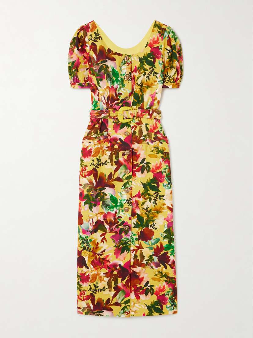Saloni Blanca Belted Embellished Floral-print Cotton-dupioni Midi Dress