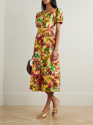 Saloni Blanca belted embellished floral-print cotton-dupioni midi dress