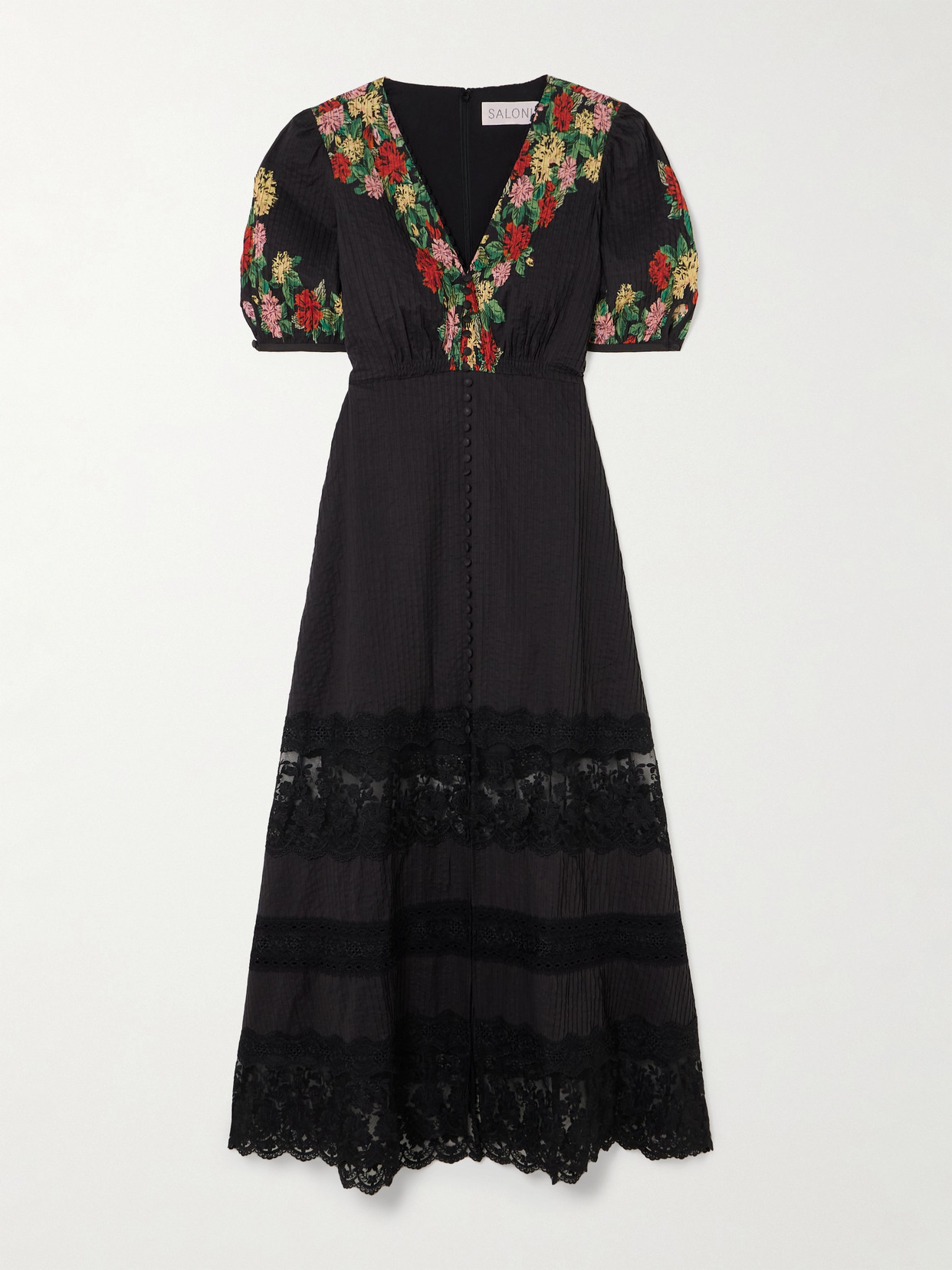 Saloni Lea Lace-trimmed Floral-print Pintucked Cotton-voile Midi Dress In Black