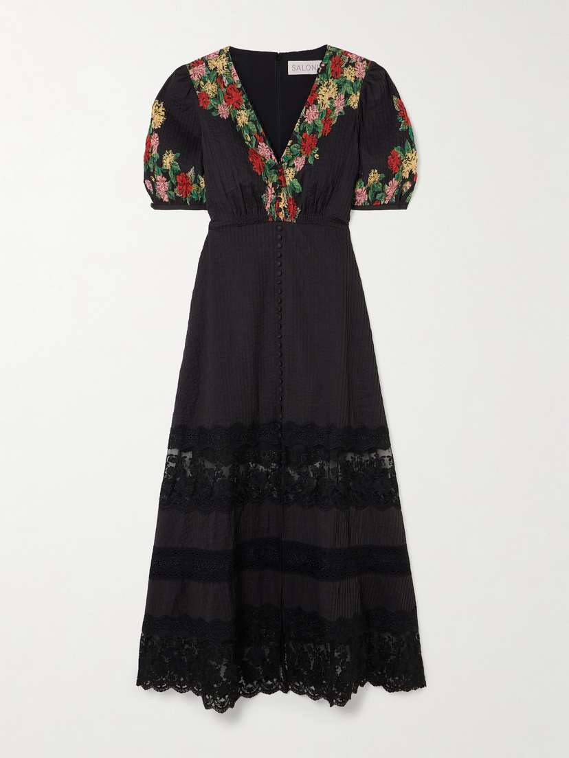 Saloni Lea Lace-trimmed Floral-print Pintucked Cotton-voile Midi Dress