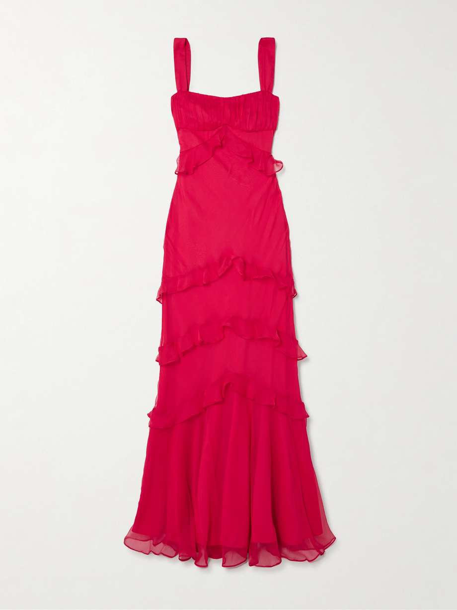 chandra ruffled plissé silk-georgette maxi dress