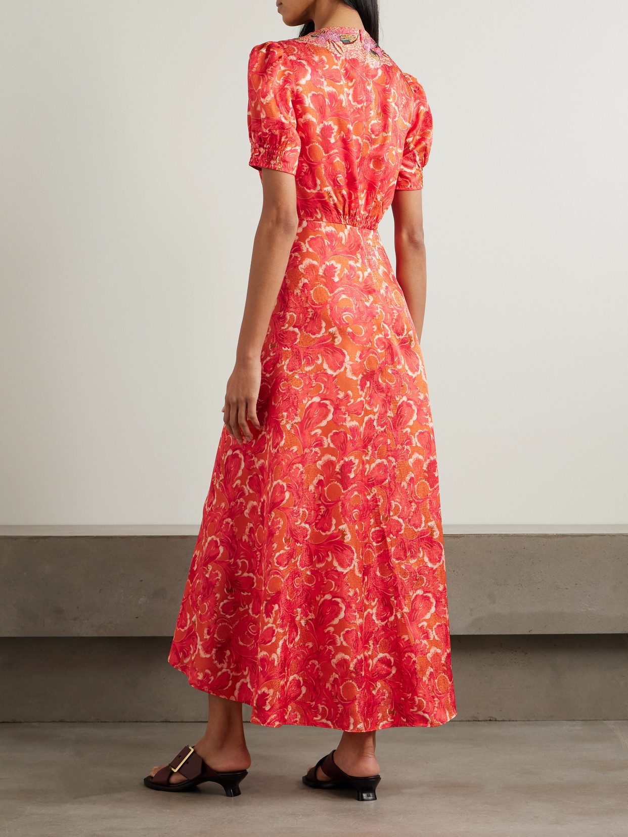 Saloni Lea Printed Silk-satin Midi Dress In Orange