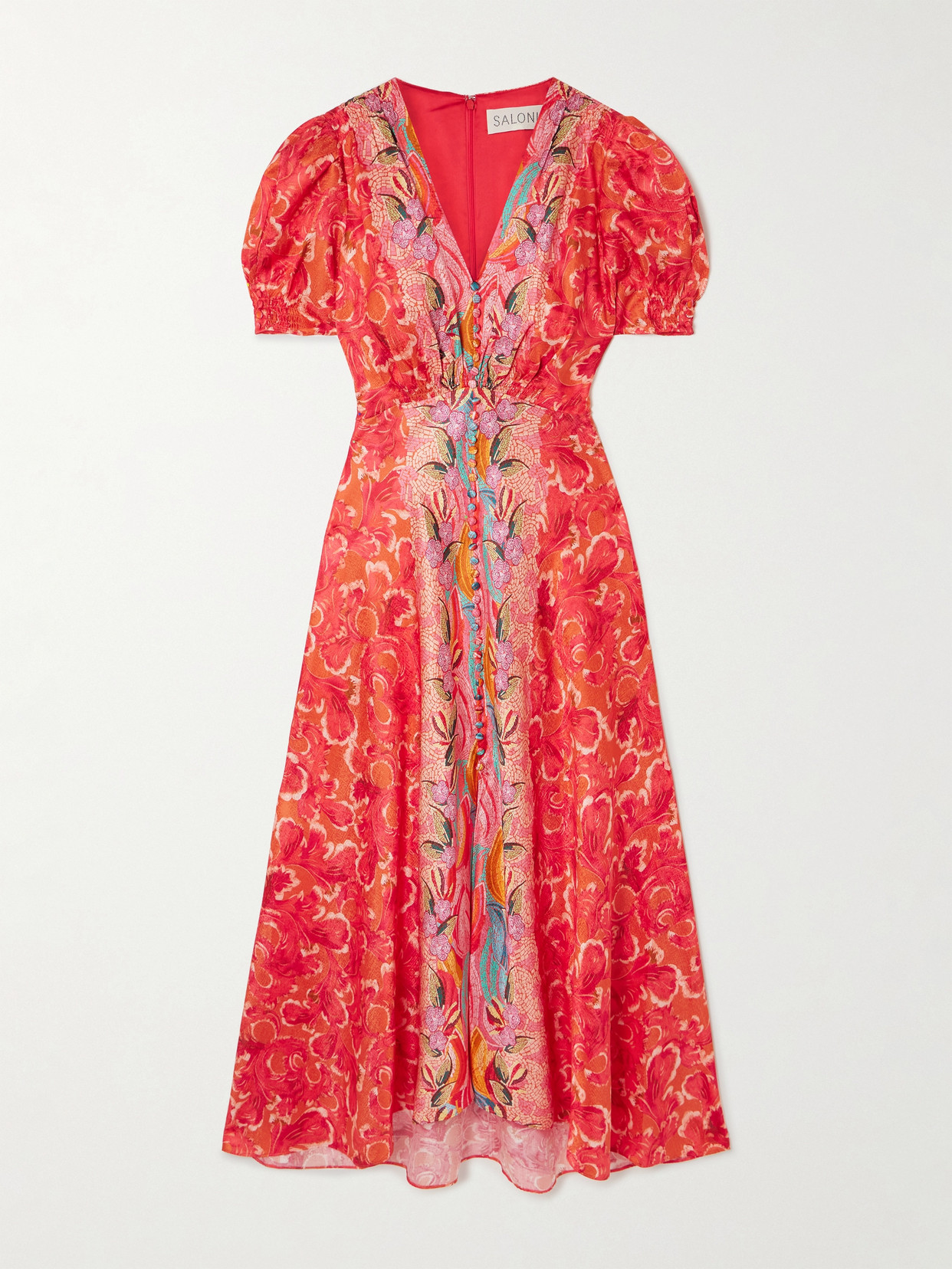 Shop Saloni Lea Printed Silk-satin Midi Dress In Orange