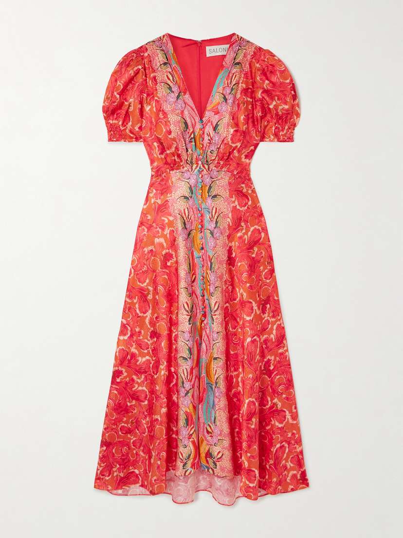 Saloni Lea Printed Silk-satin Midi Dress