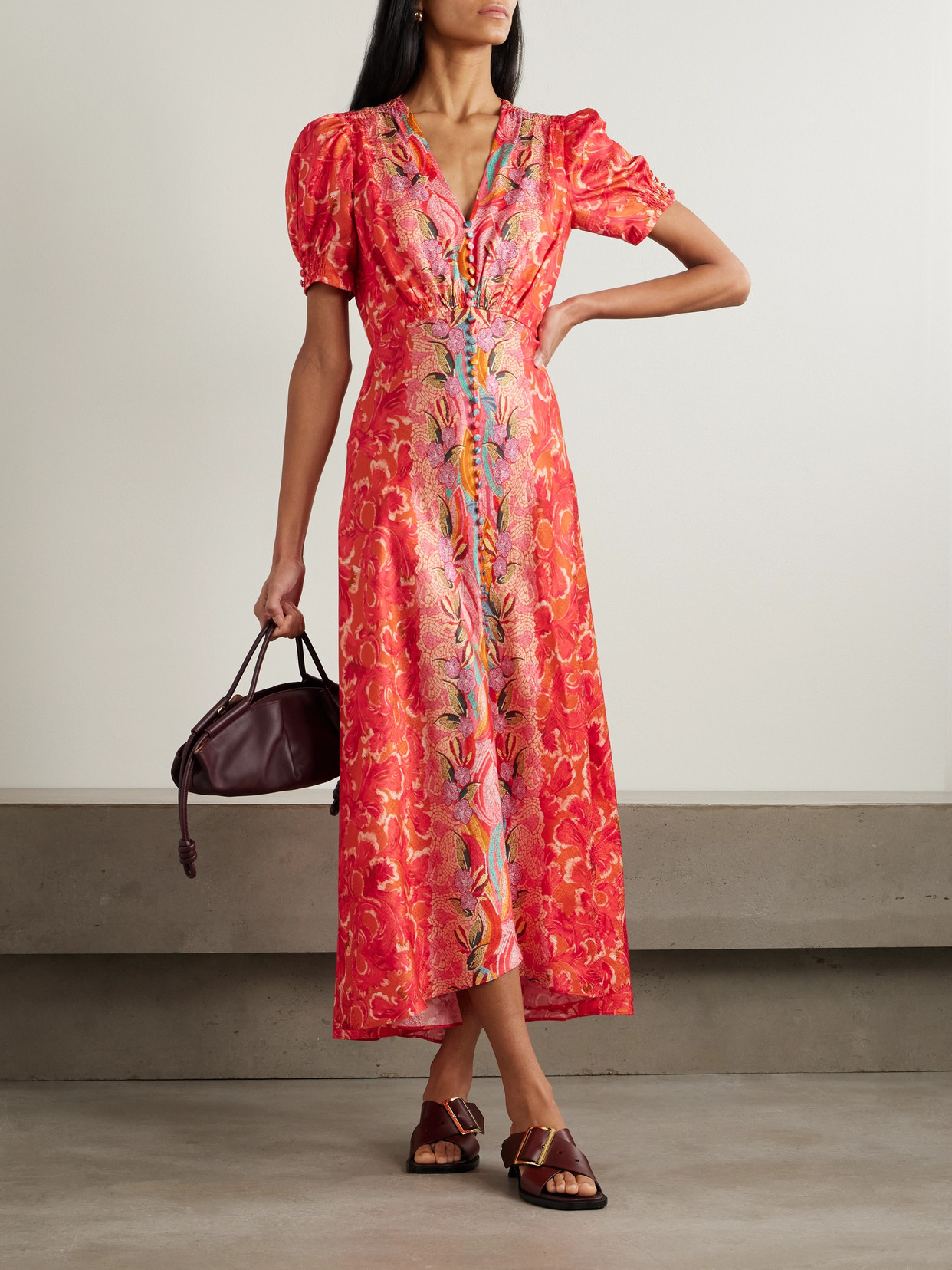 Saloni Lea Printed Silk-satin Midi Dress In Orange