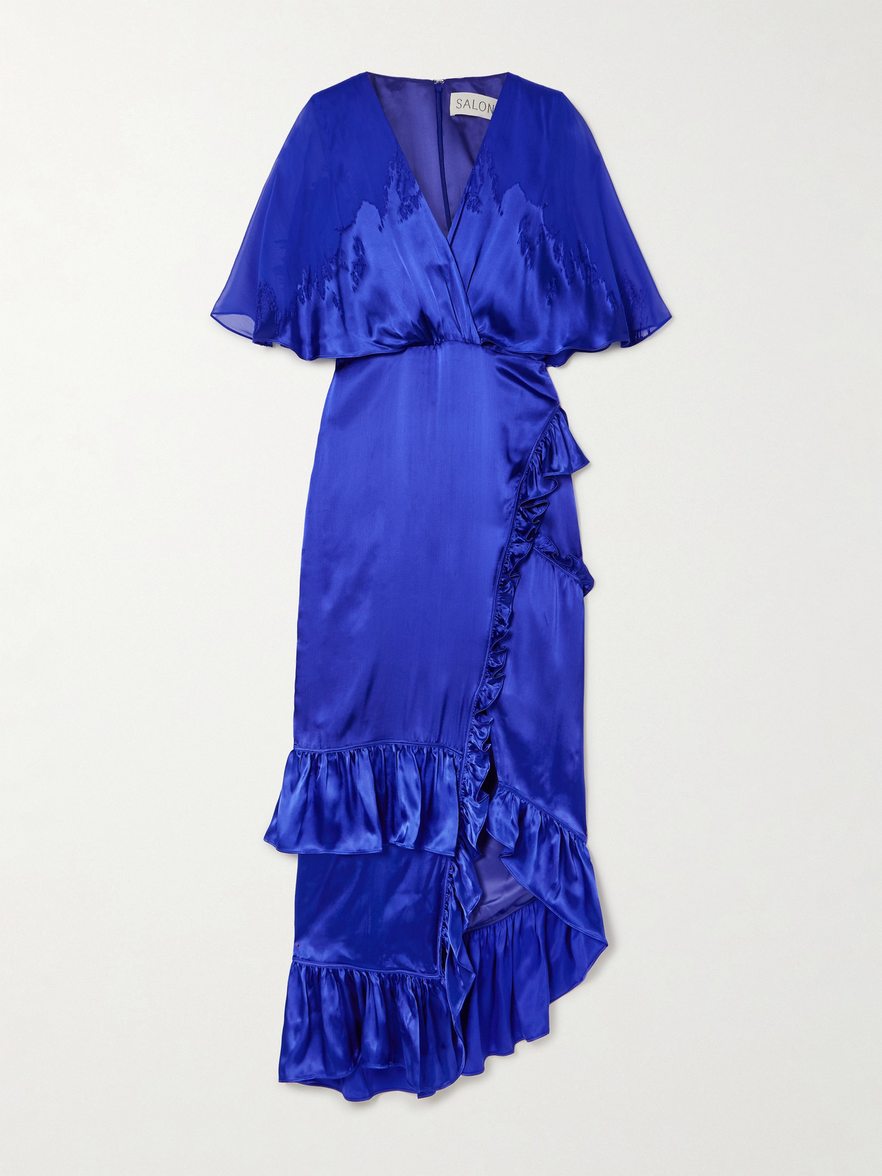 Saloni Rose Ruffled Wrap-effect Devoré Satin And Chiffon Maxi Dress In Blue