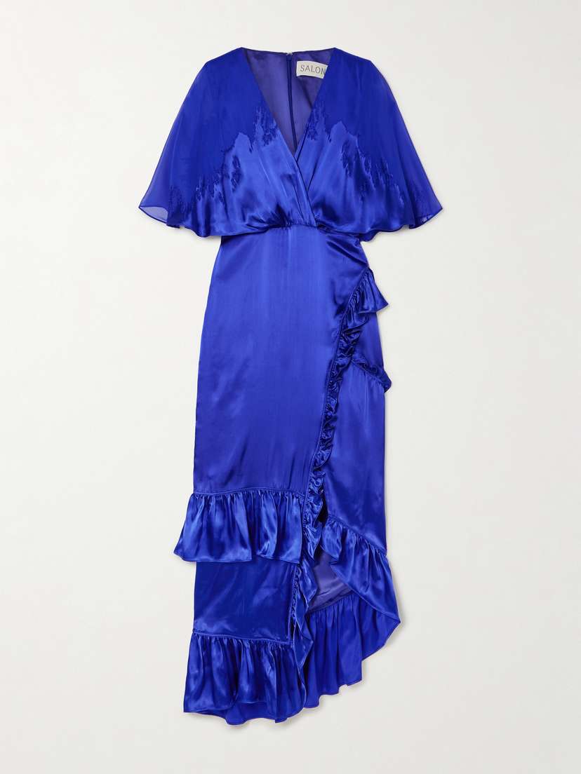 Saloni Rose Ruffled Wrap-effect Devoré Satin And Chiffon Maxi Dress