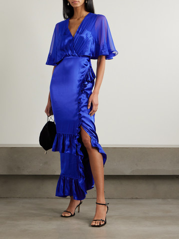 Saloni Rose ruffled wrap-effect devoré satin and chiffon maxi dress