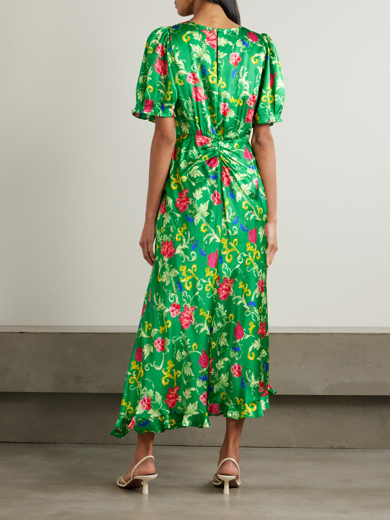 Saloni Vida D Ruffled Floral-print Silk-satin Dress In Green