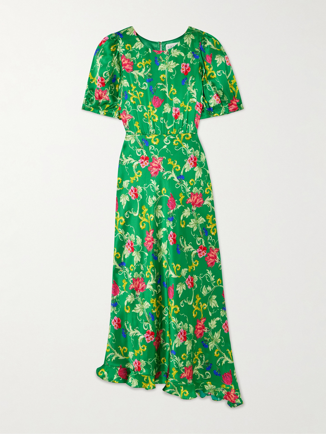 Saloni Vida D Ruffled Floral-print Silk-satin Dress In Green