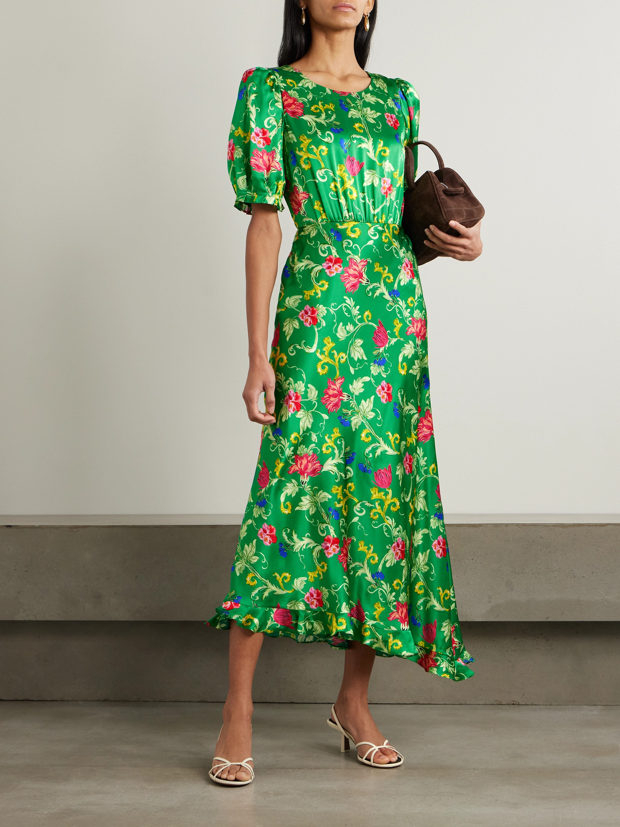 Saloni Vida D Ruffled Floral-print Silk-satin Dress In Green