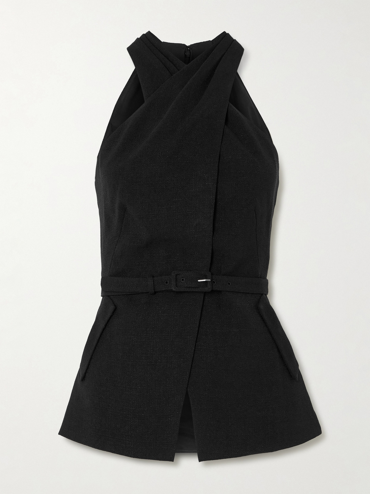 Saloni Tolu Belted Draped Bouclé Halterneck Waistcoat In Black