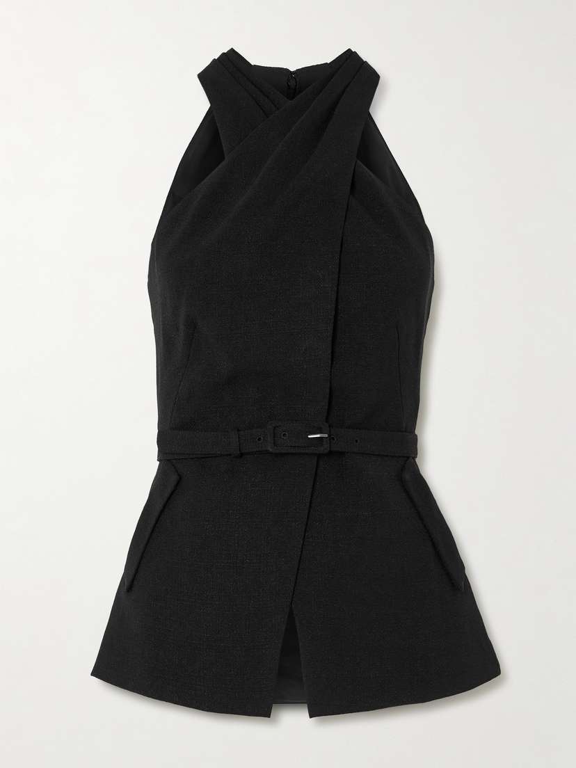 Saloni Tolu Belted Draped Bouclé Halterneck Vest