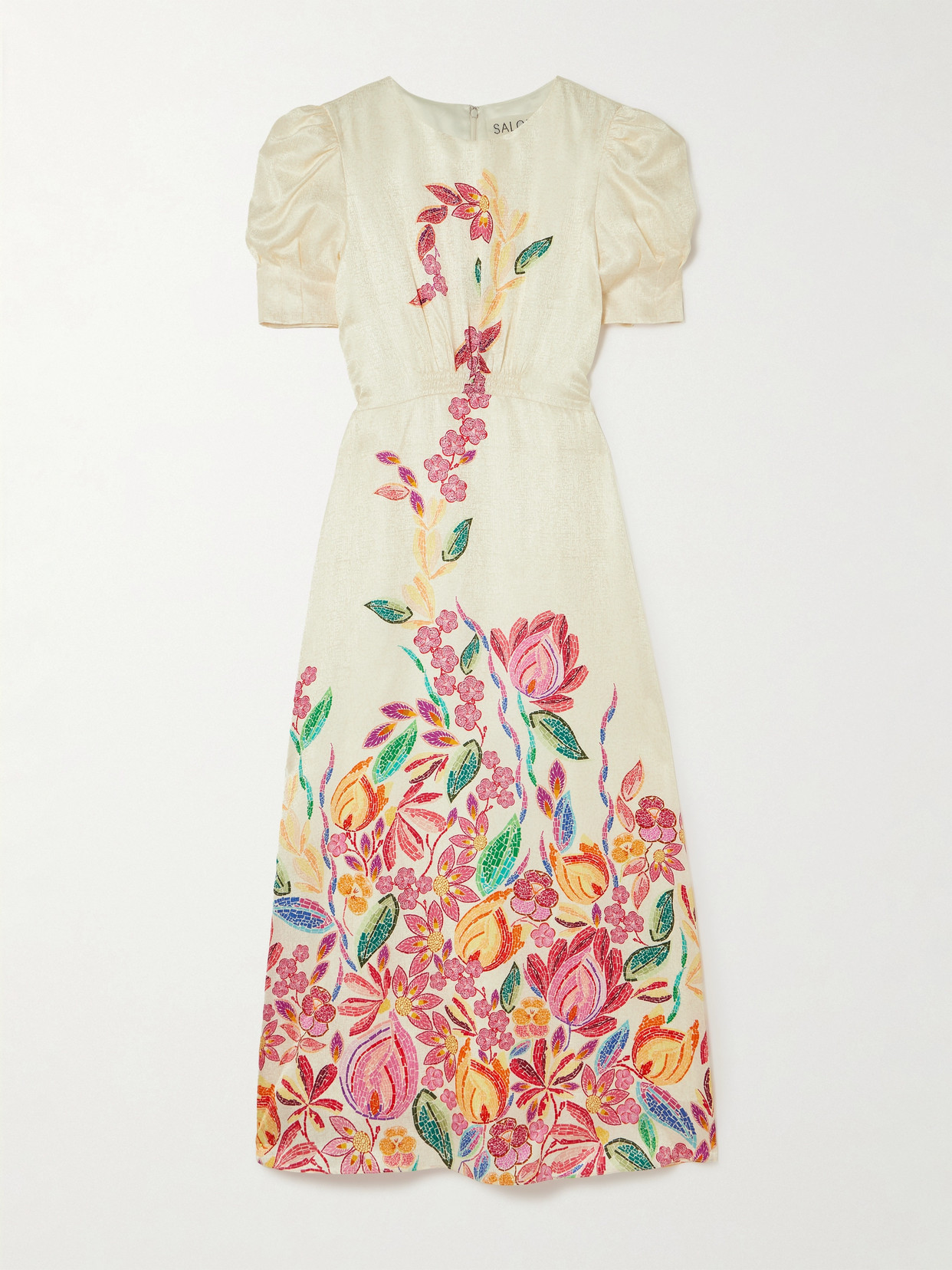 Saloni Bianca Printed Silk-jacquard Midi Dress In Cream