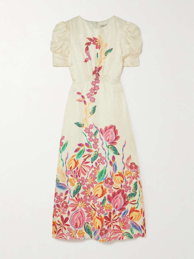 Saloni Bianca Printed Silk-jacquard Midi Dress