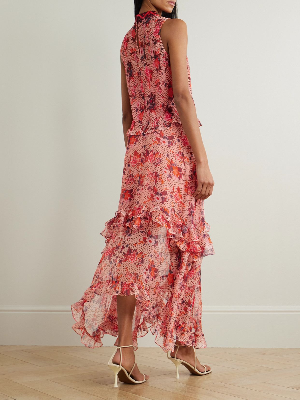 Saloni Miri Ruffled Beaded-embellished Printed Crepon Dress In Pink
