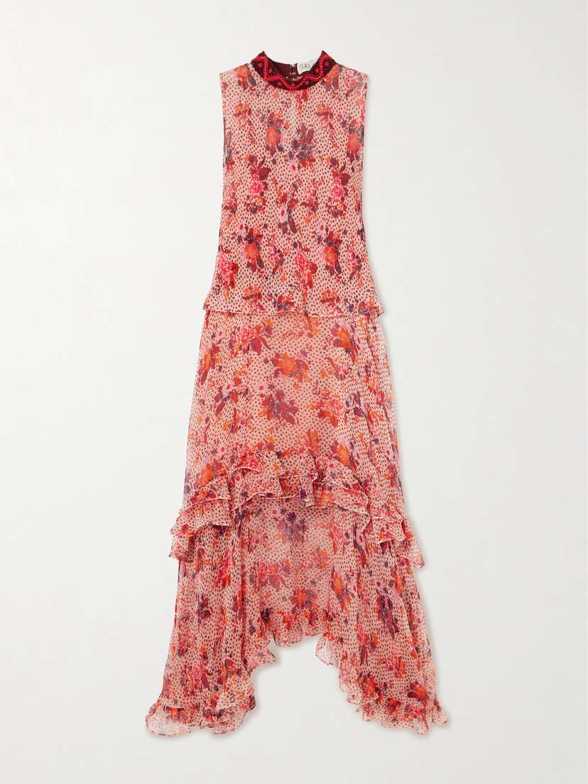 Saloni Miri Ruffled Beaded-embellished Printed Crepon Dress