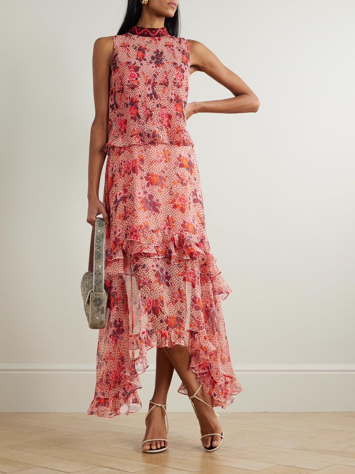Saloni Miri Ruffled Beaded-embellished Printed Crepon Dress In Pink